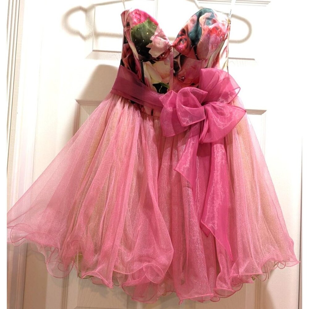 Sherri Hill Womens Floral Strapless Sweetheart Tulle Party Dress 4‎ Pink Bow NYE